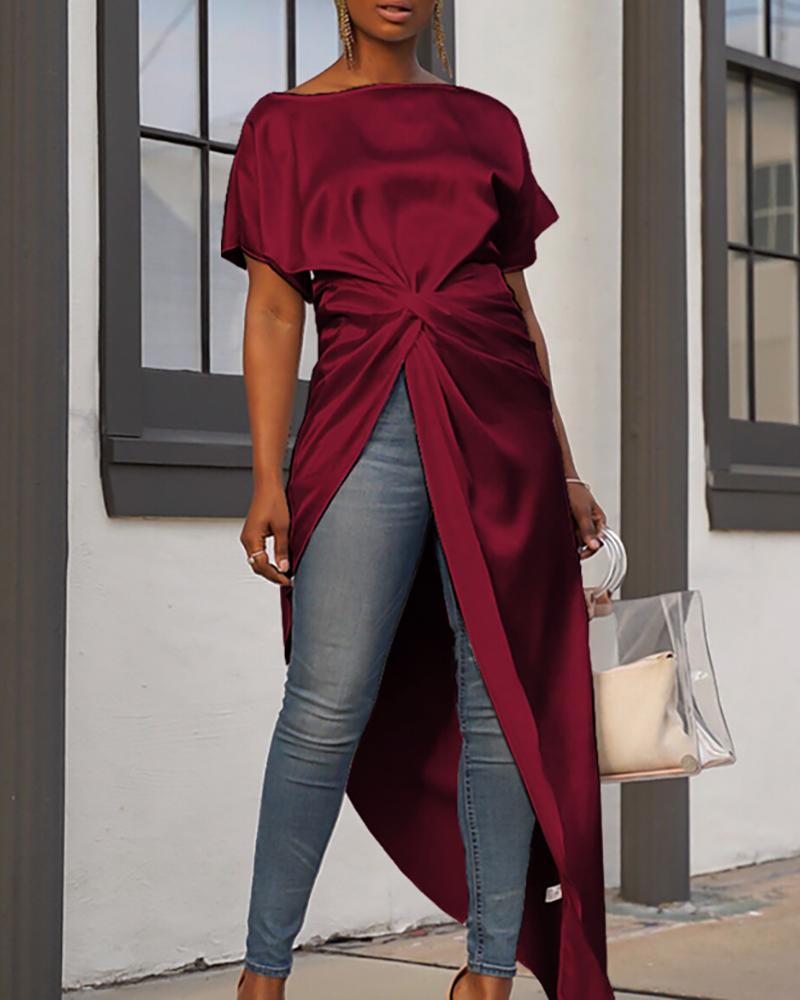

Short Sleeve Twisted Dip Hem Women Blouse, Wine red