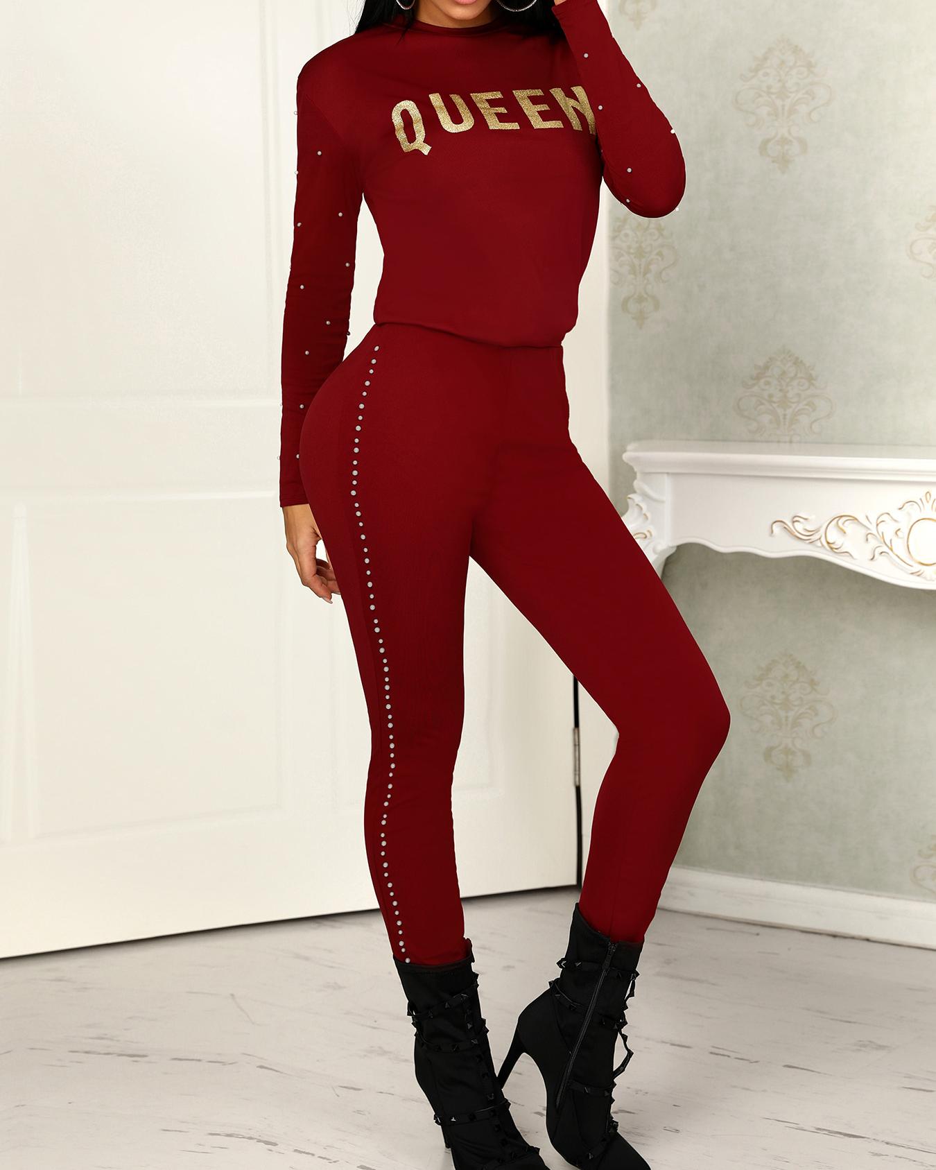 

Letter Print Beaded Women Top & Skinny Pants Set, Wine red