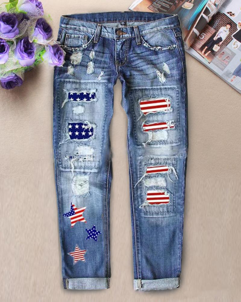 

Independence Day Flag Print Patchwork Raw Hem Ripped Cutout Jeans, Blue