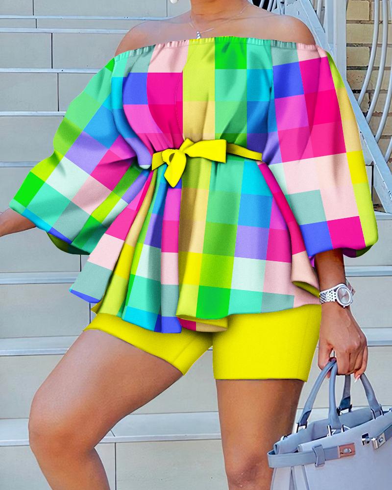 

Plaid Print Off Shoulder Belted Top & Shorts Set, Multicolor