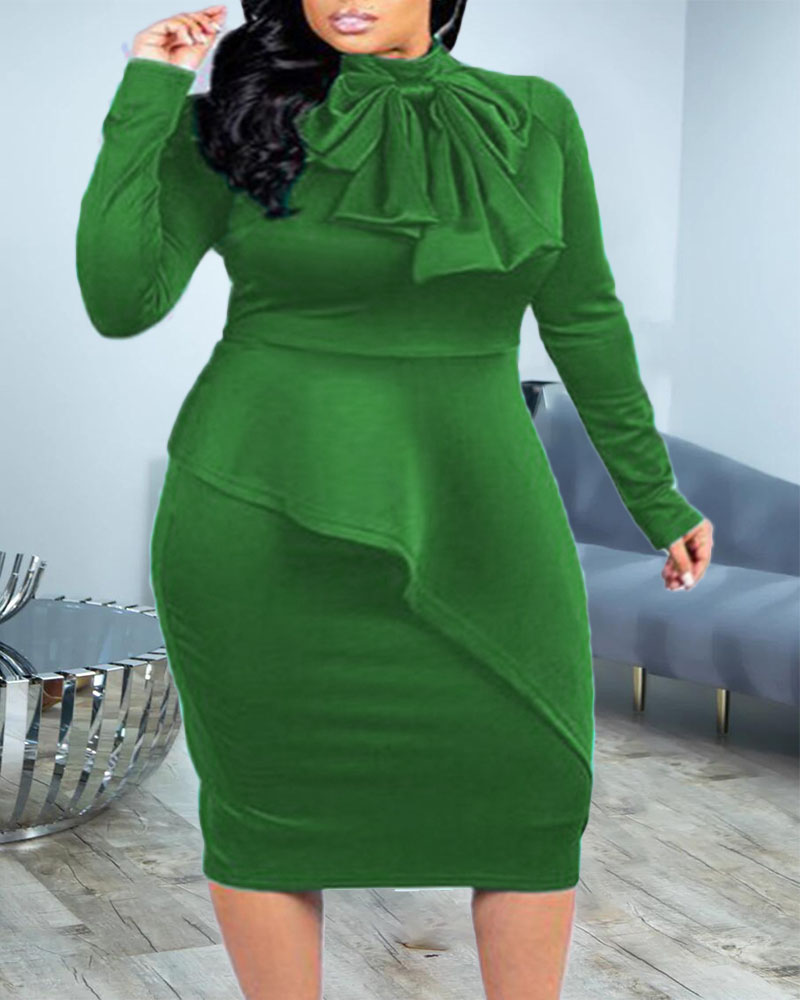 

Plus Size Patchwork Bow Decor Long Sleeve Midi Dress, Green