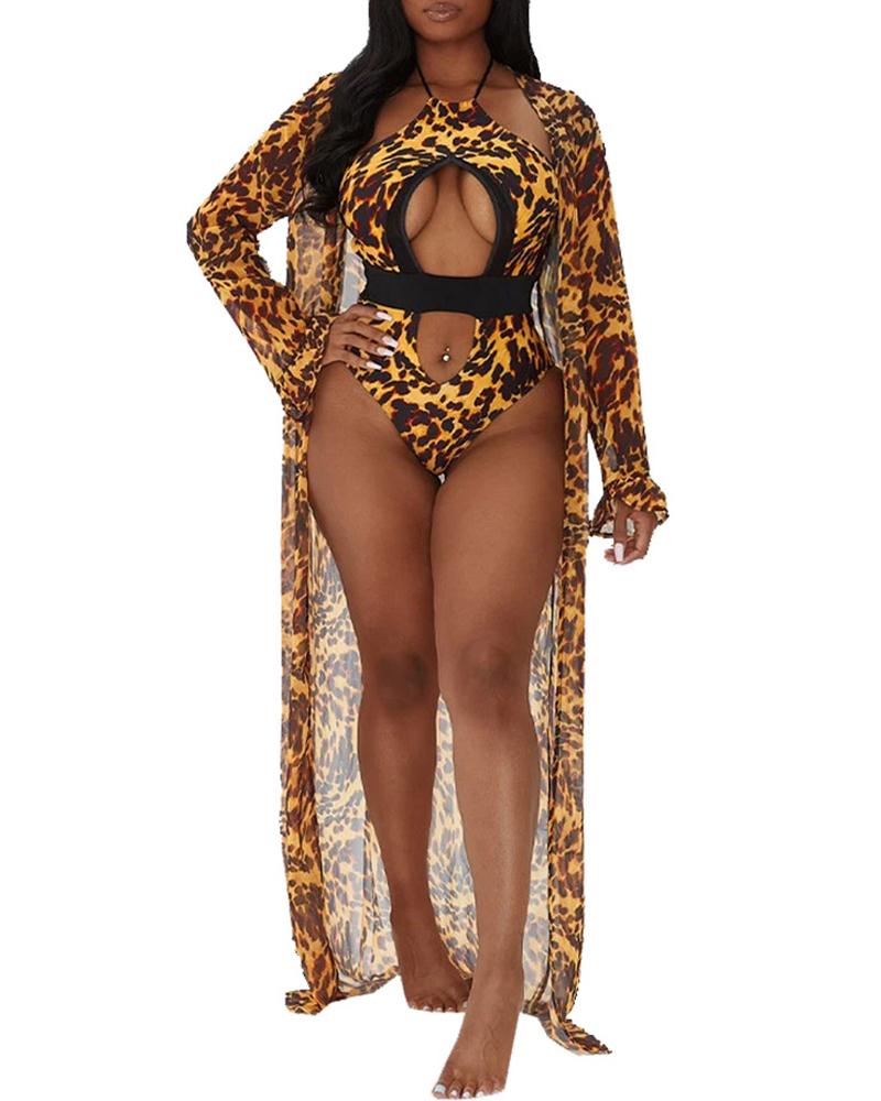 

Animal Print Long Sleeve Cover Up With Belt, Style1