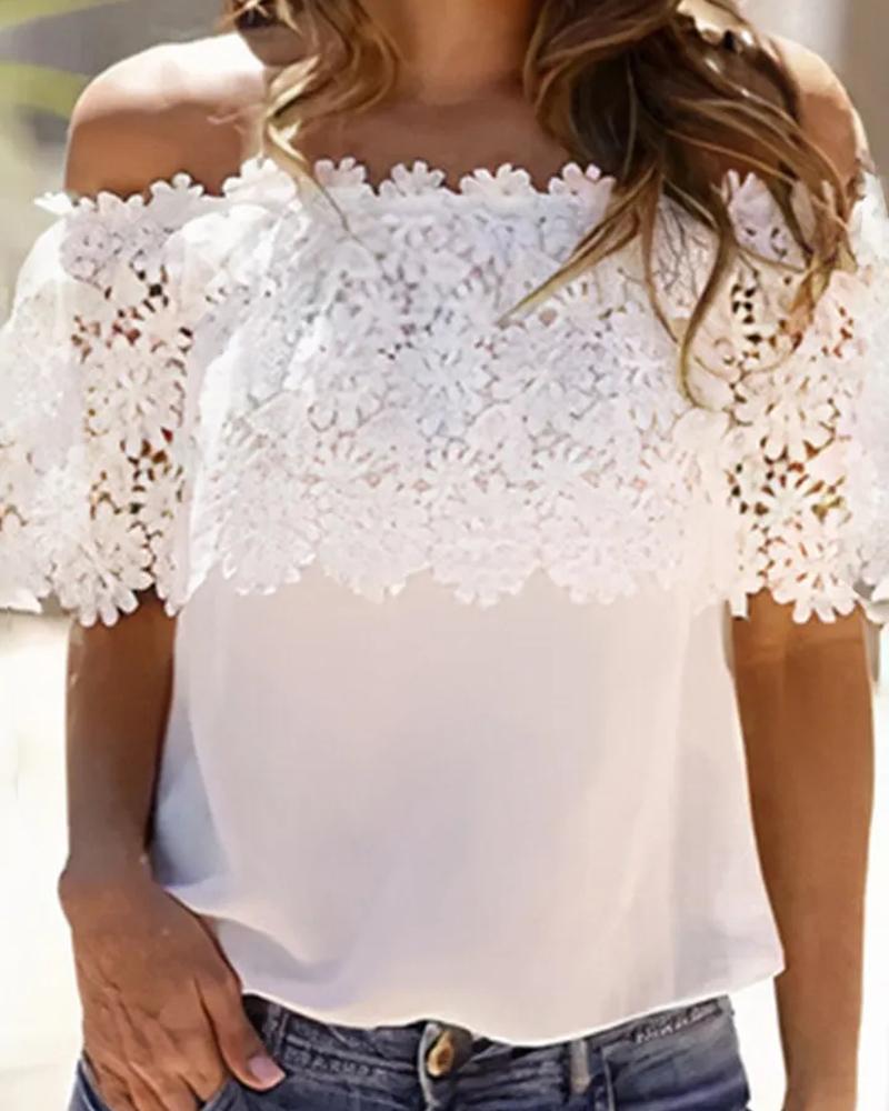 

Guipure Lace Patch Off Shoulder Top, White