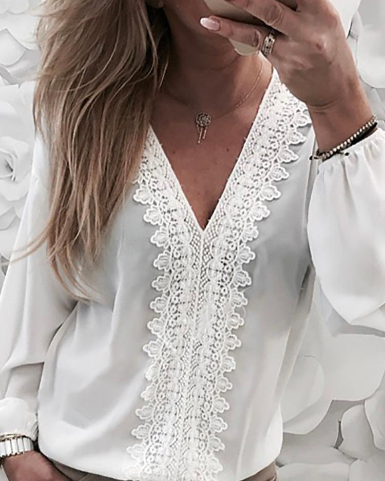 

Lace Trim Lantern Sleeve Chiffon Blouse, White