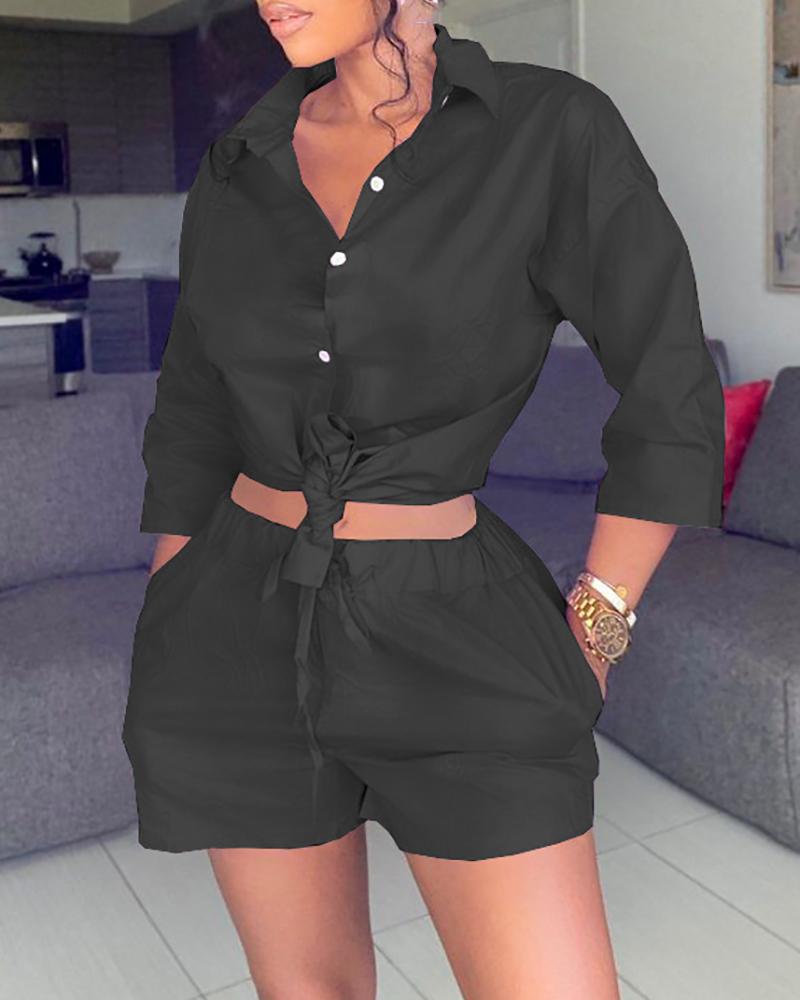 

Buttoned Top & Drawstring Pocket Design Shorts Set, Black