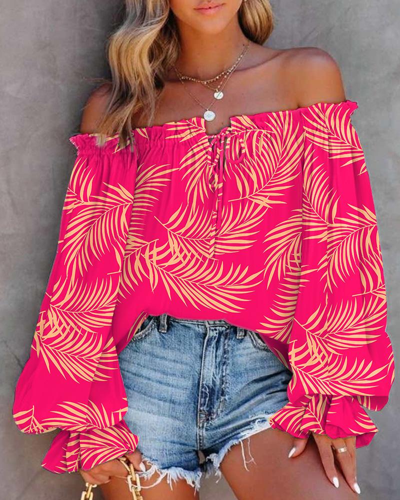 

Leaf Print Off Shoulder Lantern Sleeve Top, Hot pink