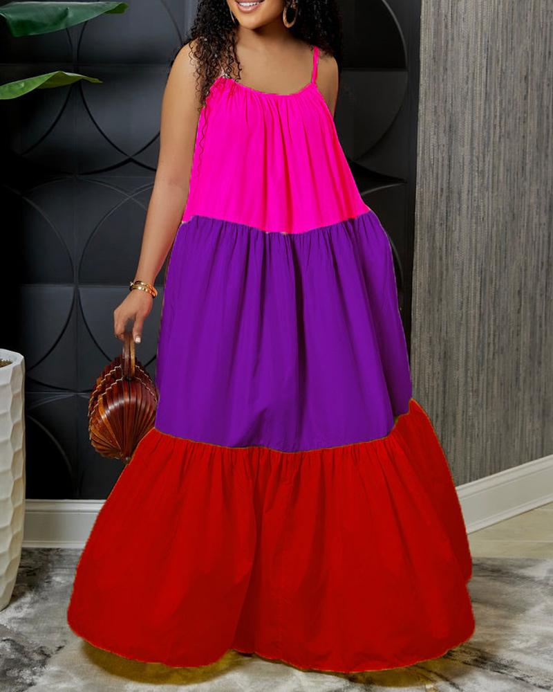 

Colorblock Spaghetti Strap Maxi Swing Dress, Red