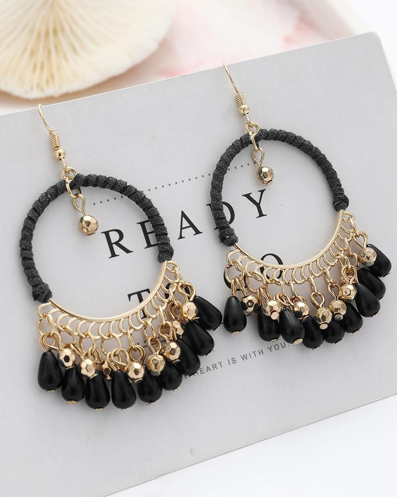 

1Pair Clan Boho O-Ring Beaded Waterdrop Pendant Hoop Earrings, Black