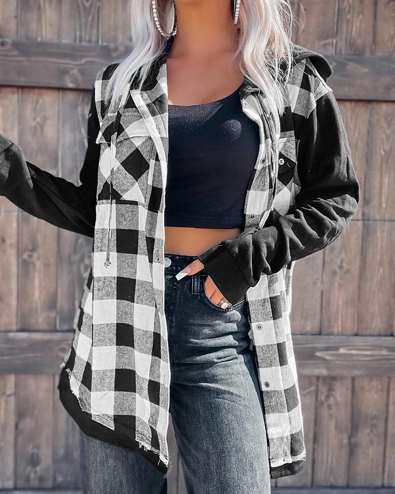 

Colorblock Plaid Print Hooded Shirt, Black