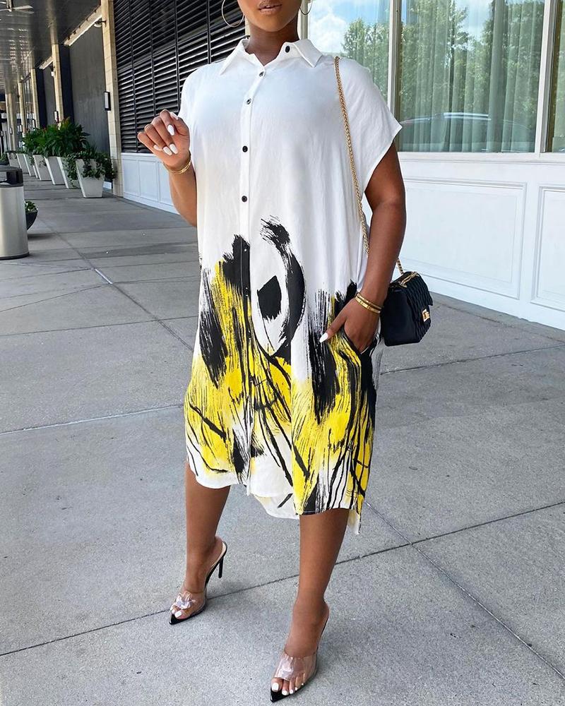 

Abstract Print Short Sleeve Button Design Shirt Dress, White