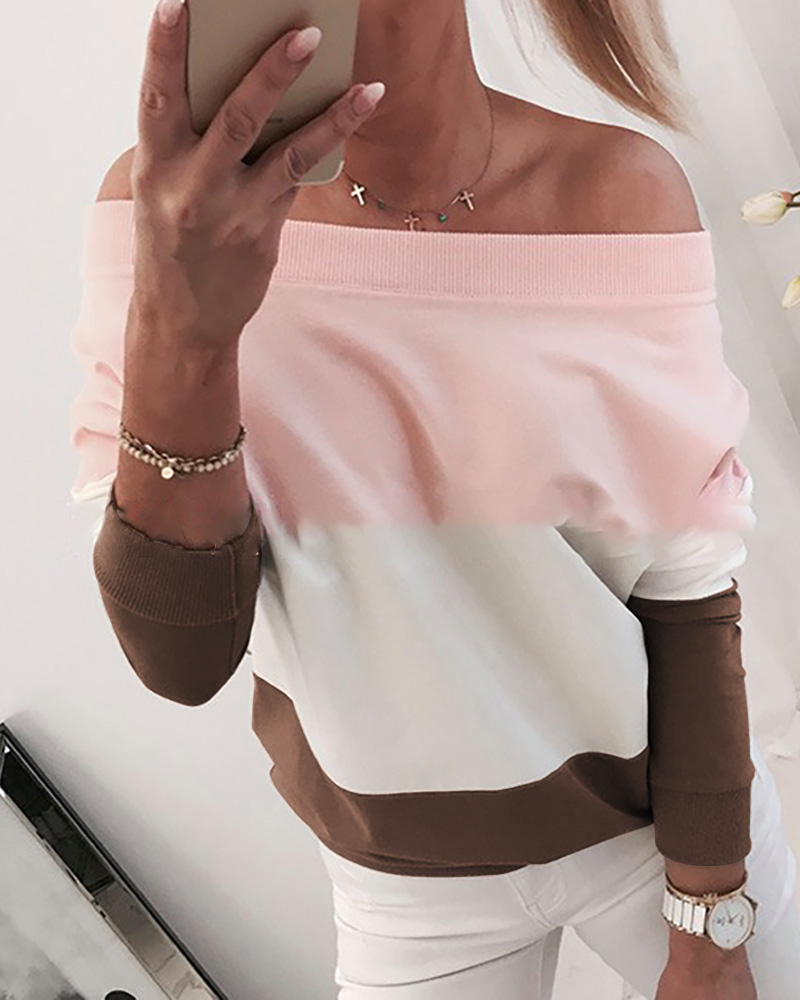 

Off Shoulder Batwing Sleeve Colorblock Insert Sweatshirt, Pink