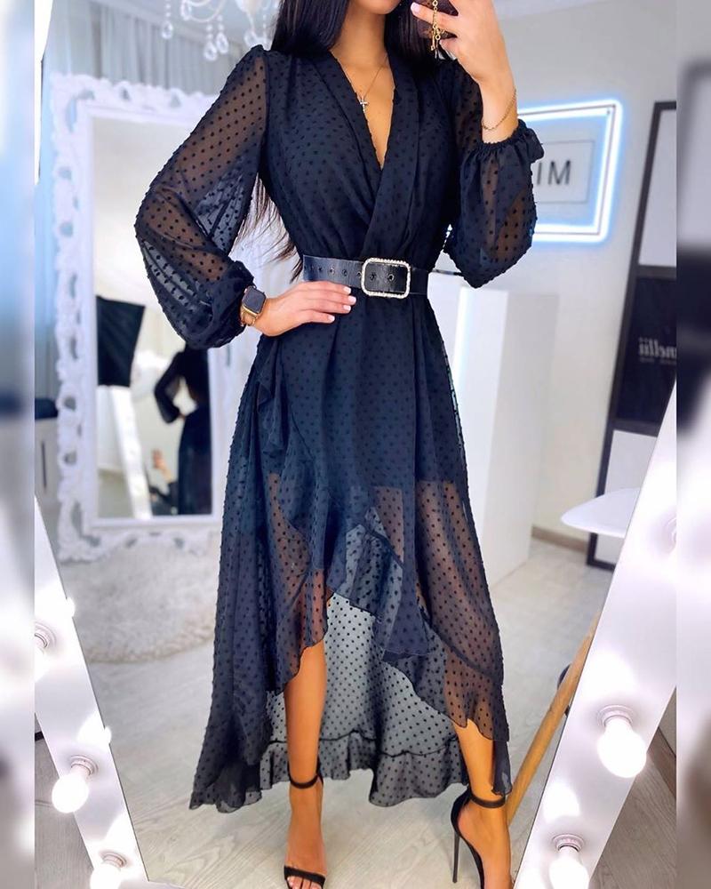 

Lantern Sleeve Swiss Dot Mesh Ruffles Wrap Dress, Dark blue