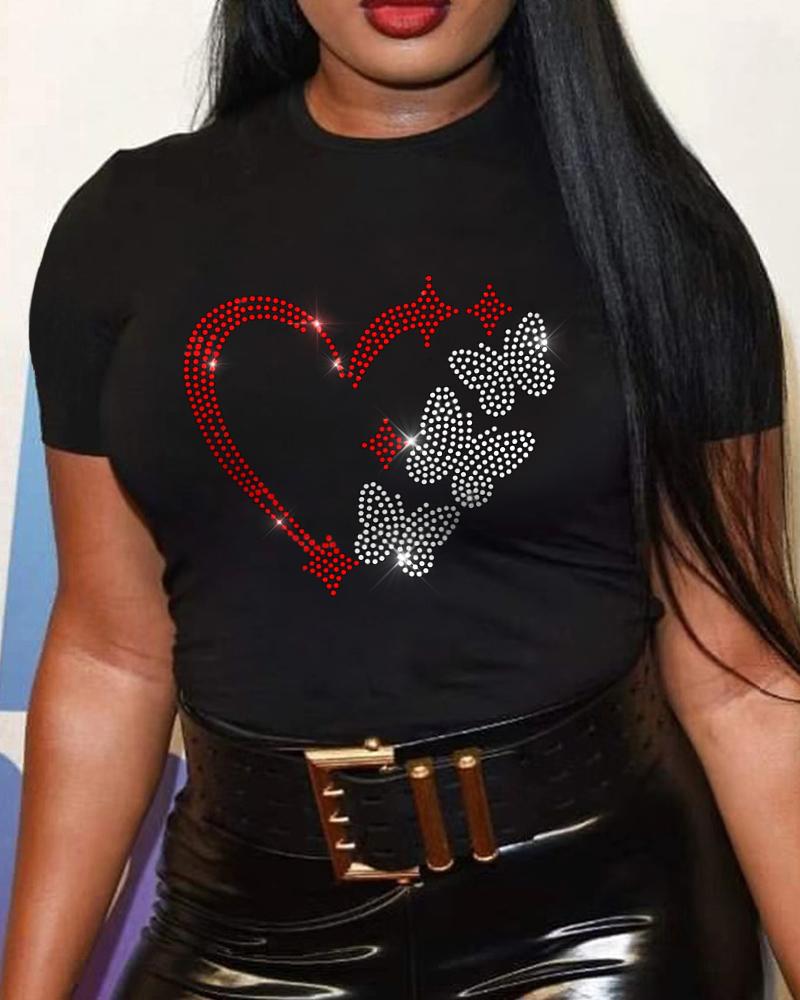 

Plus Size Rhinestone Butterfly Heart Pattern Casual T-shirt, Black