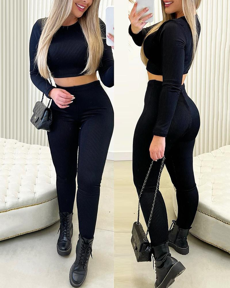 

O-Neck Long Sleeve Top & High Waist Pants Set, Black