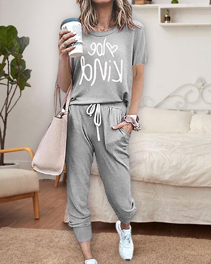 

Letter Print T-shirt & Drawstring Pocket Design Pants Set, Gray