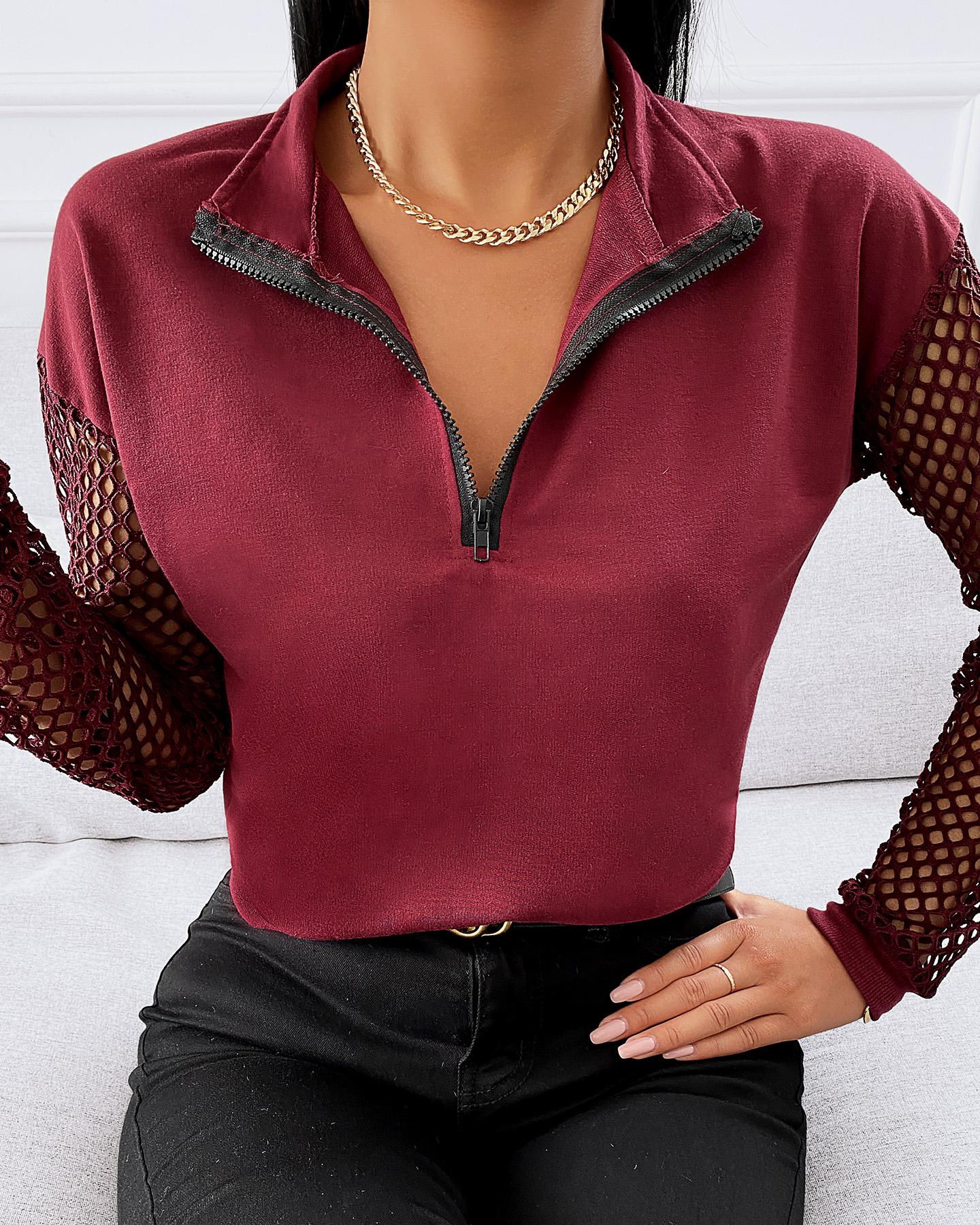 

Zipper Design Hollow Out Long Sleeve Top, Red