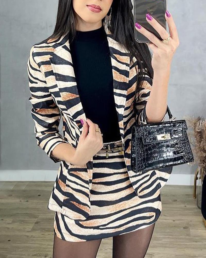 

Zebra Stripe Print Long Sleeve Blazer Coat & Skirt Set, Leopard
