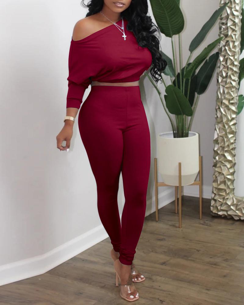 

One Shoulder Crop Top & High Waist Pants Set, Wine red