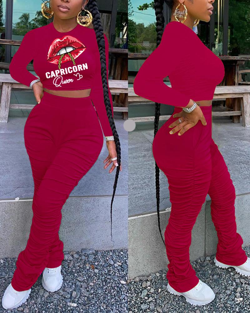 

Lip Letter Print Top & Ruched Pants Set, Wine red