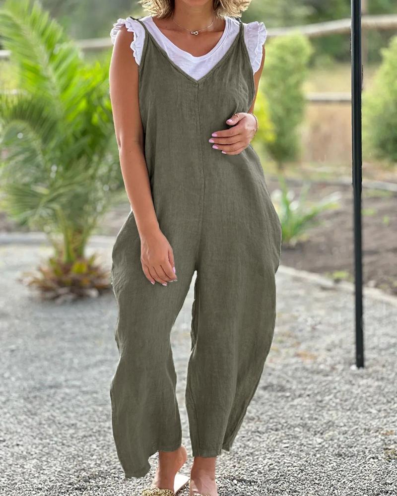 

Tied Detail Pocket Deign Wide Leg Jumpsuit, Light green