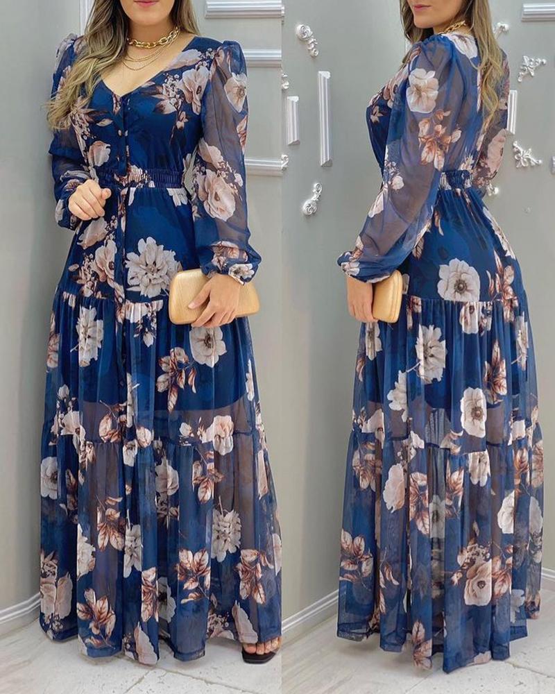 Floral Print Lantern Sleeve V-Neck Chiffon Dress