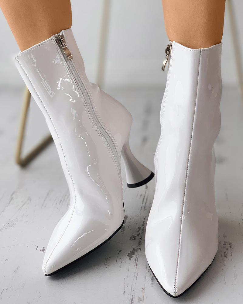 

Zipper Design Pointed Toe Pyramid Heeled Boots, White