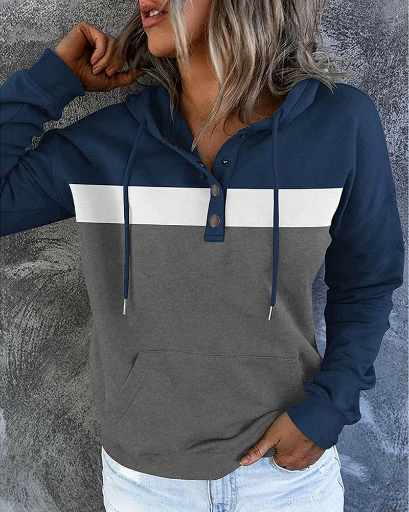 

Striped Print Colorblock Button Pocket Design Hooded Top, Gray
