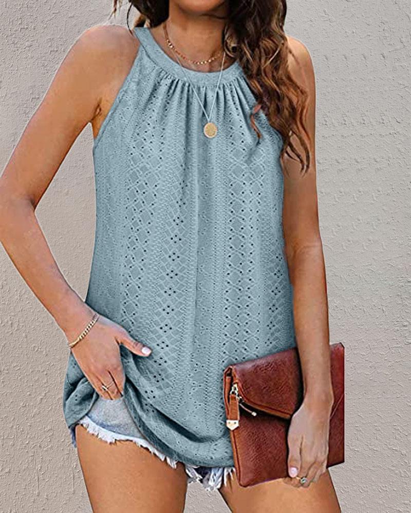 

Eyelet Embroidery Ruched Casual Tank Top, Blue