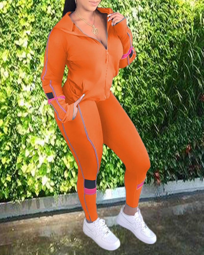 

Zipper Design Hooded Top & High Waist Pants Set, Orange