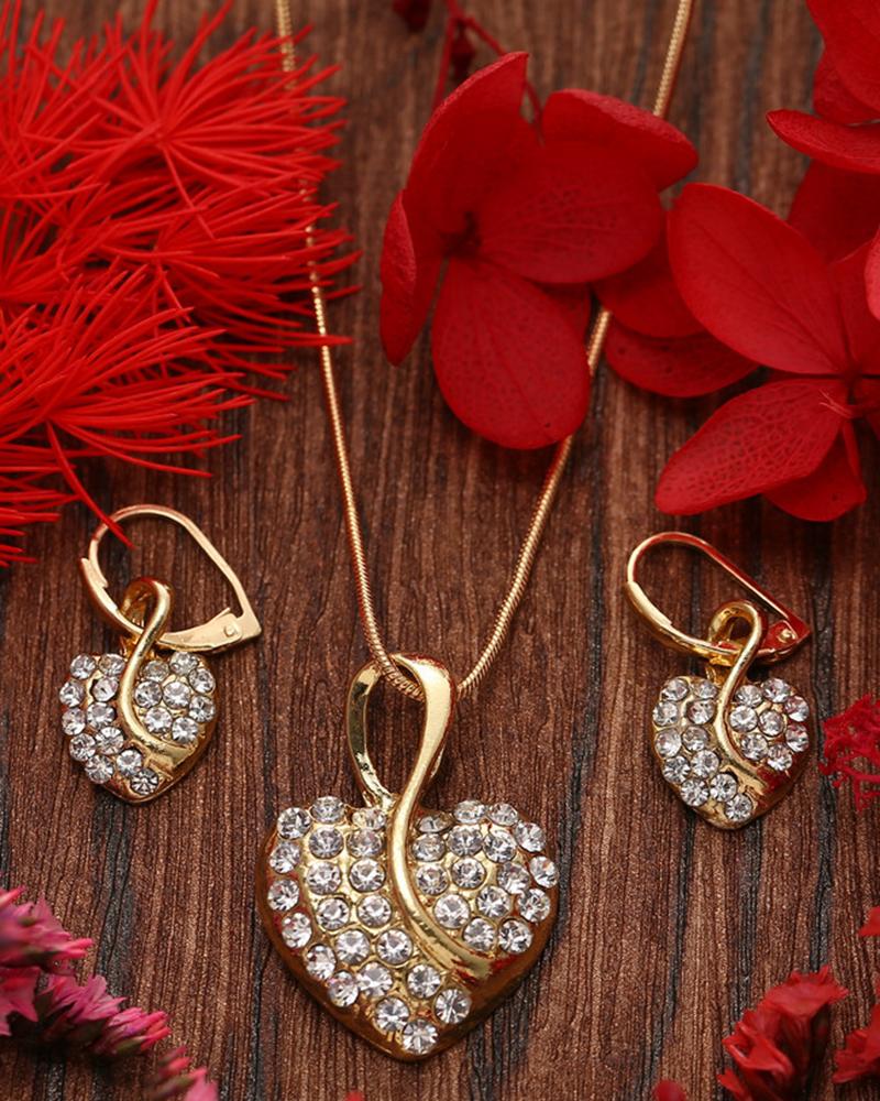 

2pcs Rhinestone Heart Shaped Pendant Necklace & Earrings Jewelry Set, Gold