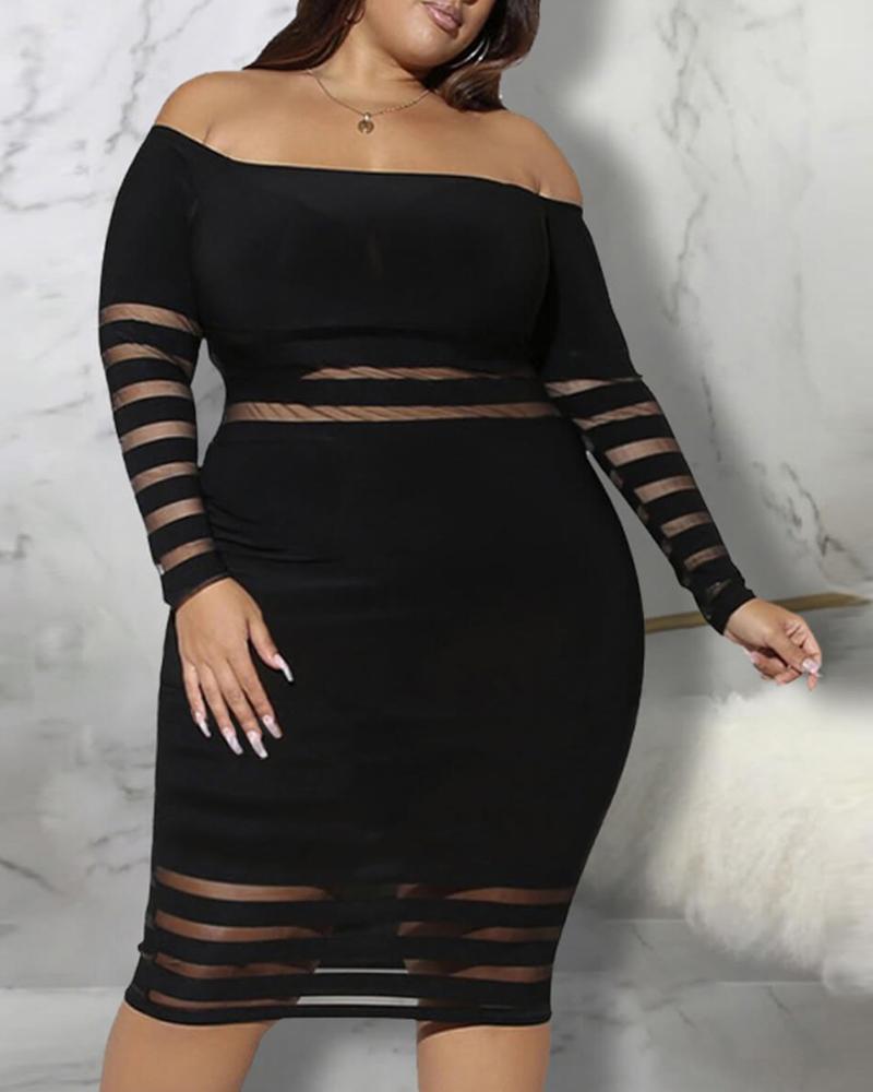 

Plus Size Off Shoulder Mesh Insert Bodycon Dress, Black