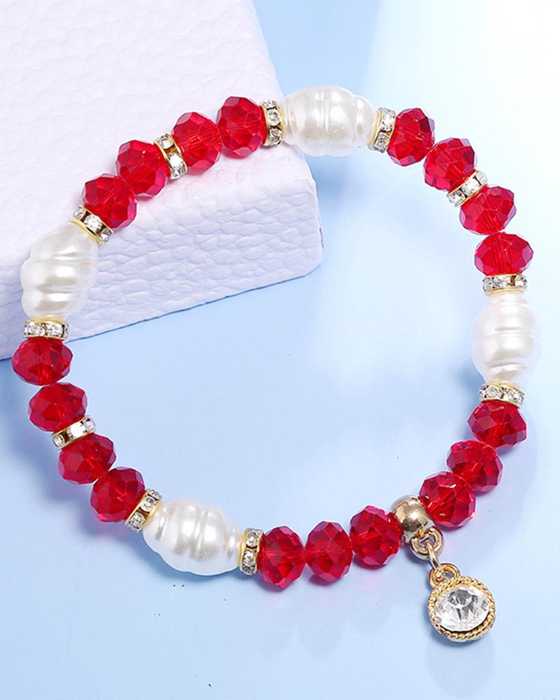 

1pc Crystal Stone Pearls Decor Beaded Bracelet, Red