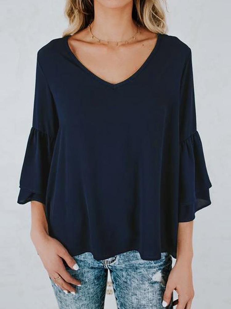 

Solid Layered Bell Sleeve Casual Blouse, Dark blue