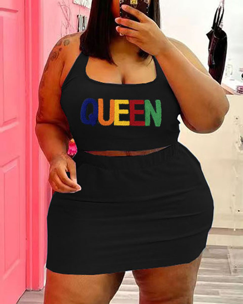 

Plus Size Embroidery Letter Crop Tank Top & Skirt Set, Black