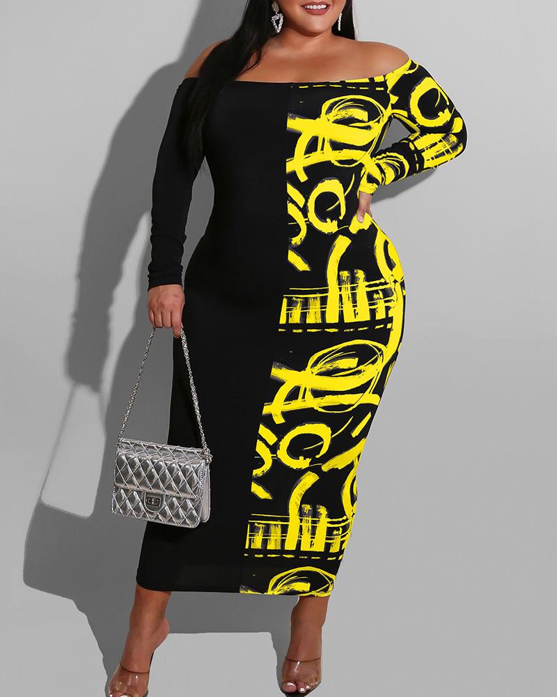 

Plus Size Colorblock Off Shoulder Long Sleeve Maxi Dress, Yellow