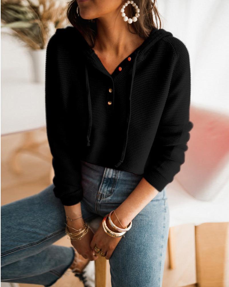 

Button Front Drawstring Hooded Sweater, Black