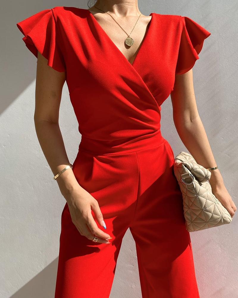 

Solid V-Neck Ruffle Hem Sleeve Zipper Back Jumpsuit, Red