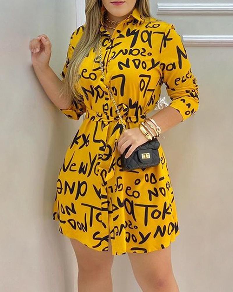 

Letter Print Long Sleeve Casual Shirt Dress, Yellow