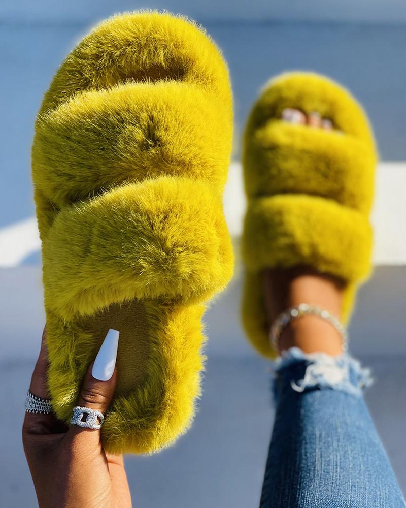 

Fluffy Double Band Peep Toe Slippers, Yellow