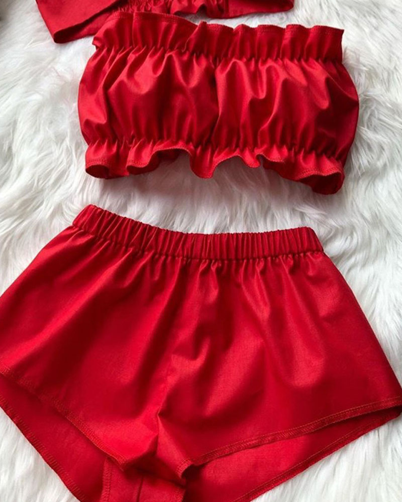 

Frill Hem Bandeau Lingerie Set, Red
