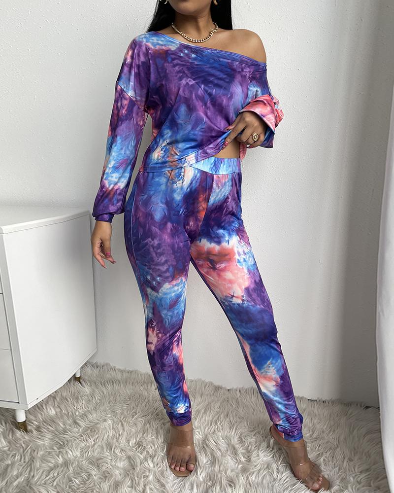 

Tie Dye Drop Shoulder Top & Pants Set, Purple
