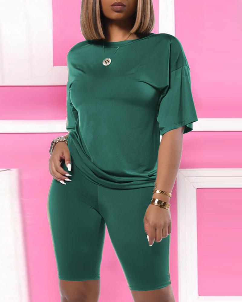 

Solid Short Sleeve Casual Top & Short Set, Green