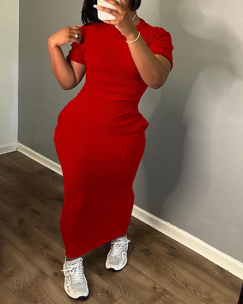 

O-neck Short Sleeve Bodycon Dress, Red