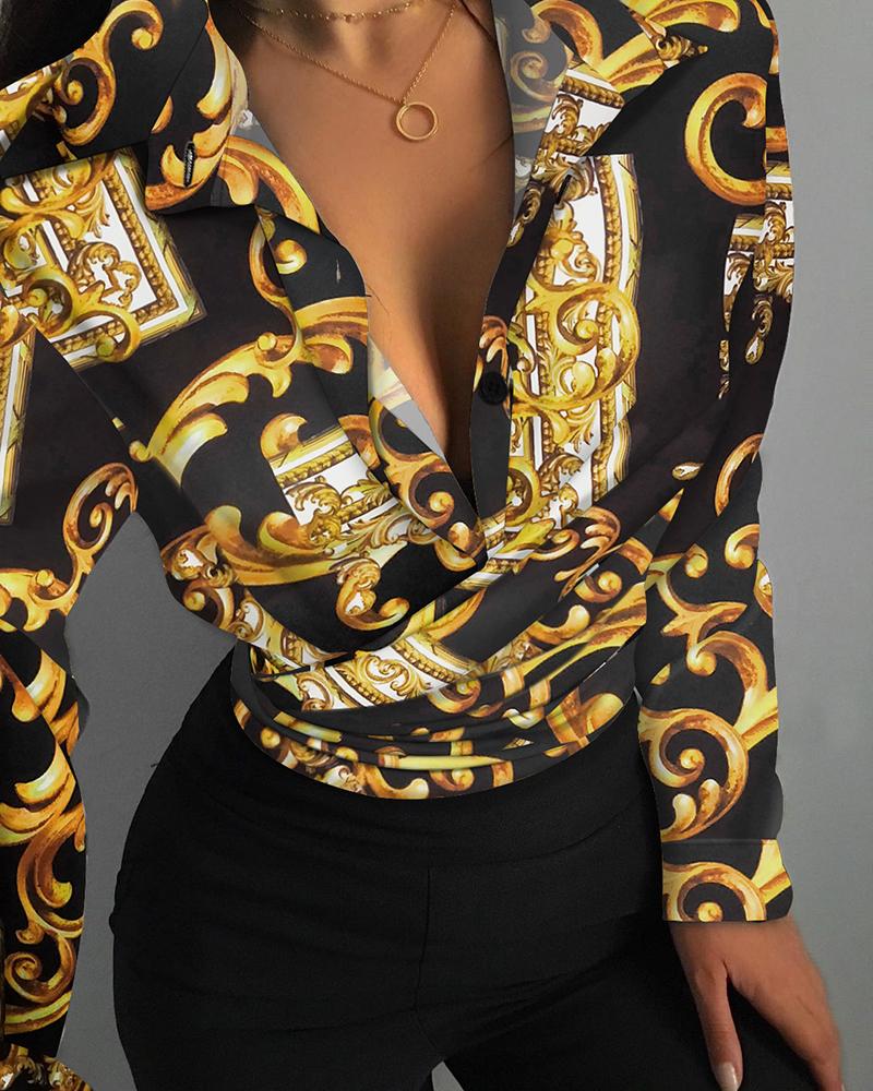 

Baroque Print Long Sleeve Button Front Shirt, Black