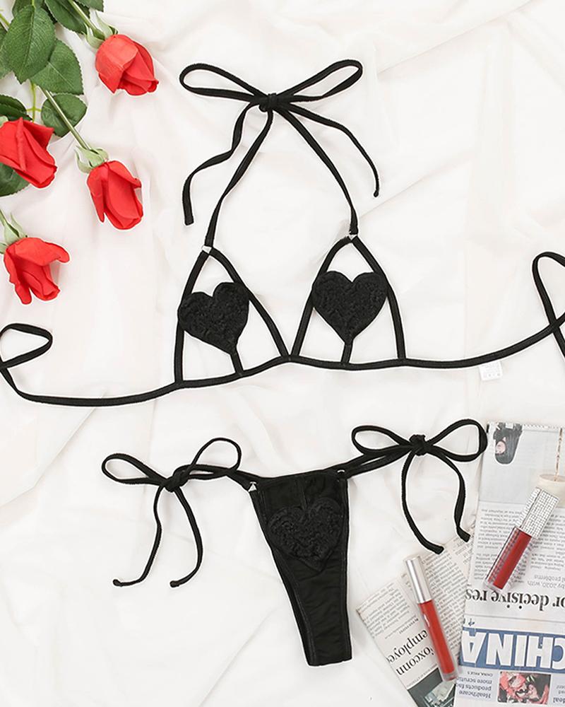 

Heart Pattern Sheer Mesh Lingerie Set, Black