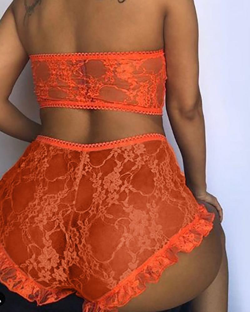 

Crochet Lace Sheer Mesh Bandeau Bra Set, Orange