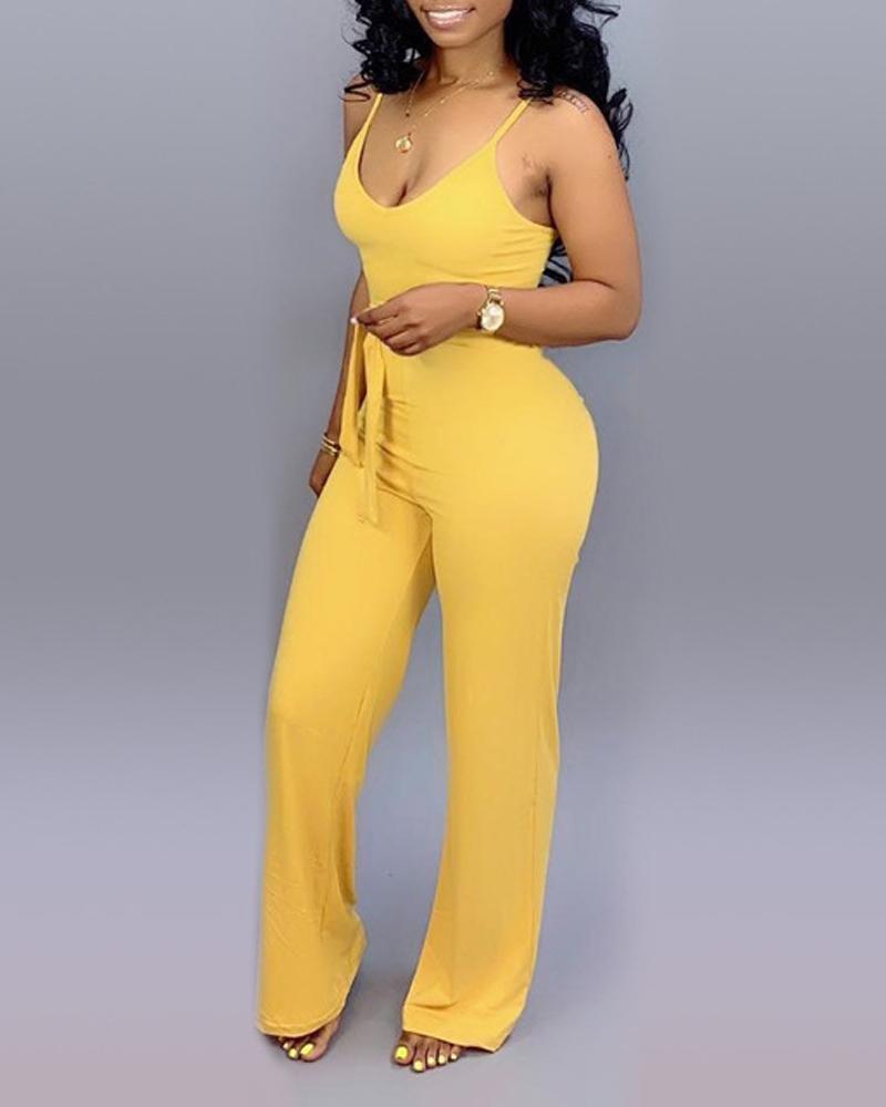 

Spaghetti Strap V-Neck Belted Jumpsuit, Yellow