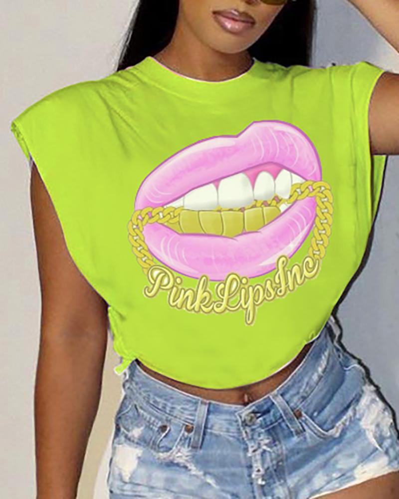 

Lip Print Cap Sleeve T-shirt, Green