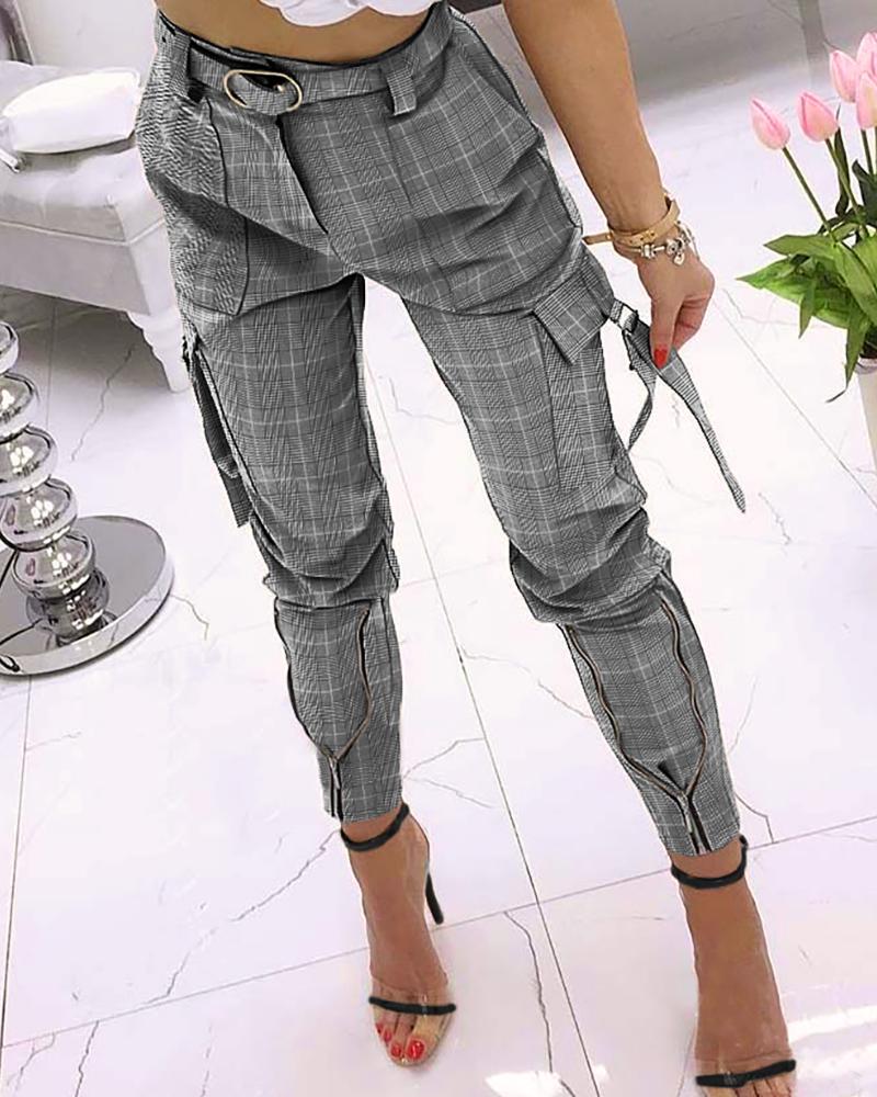 

Plaid Print Pocket Zipper Design Pencil Pants, Gray