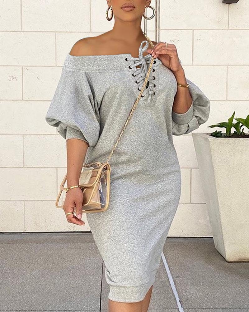 

Off Shoulder Lantern Sleeve Eyelet Lace-up Dress, Gray